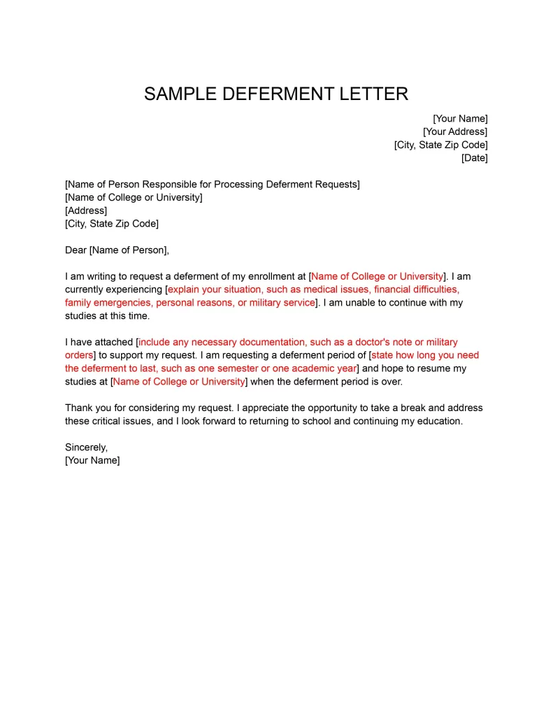 A deferment letter sample.