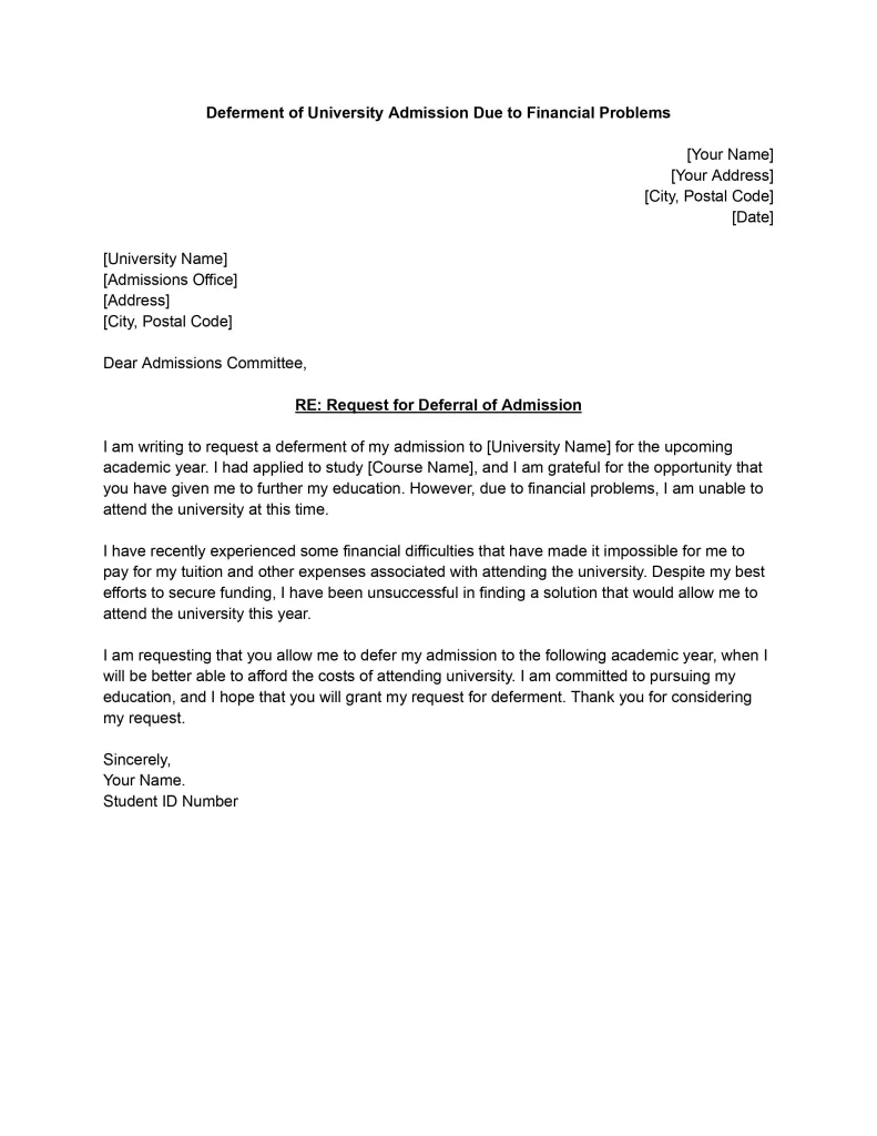 Sample university admission deferment letter