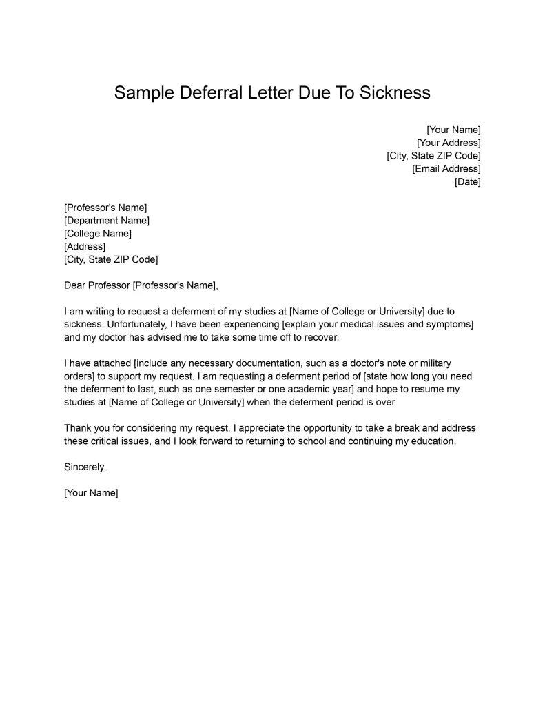 deferral letter due to sickness